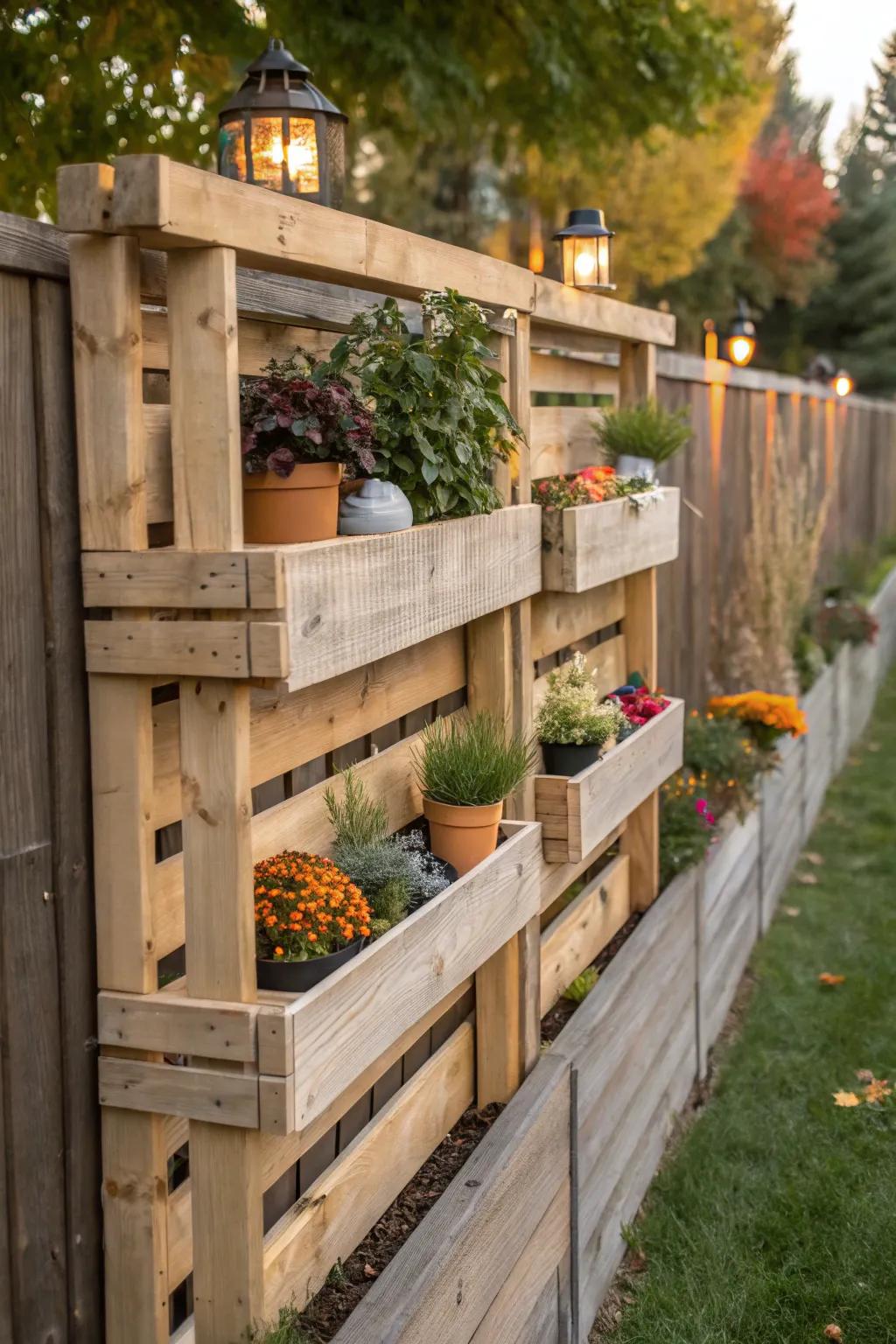 Elevate your outdoor space with a stylish pallet fence featuring practical shelves for plants and decor.