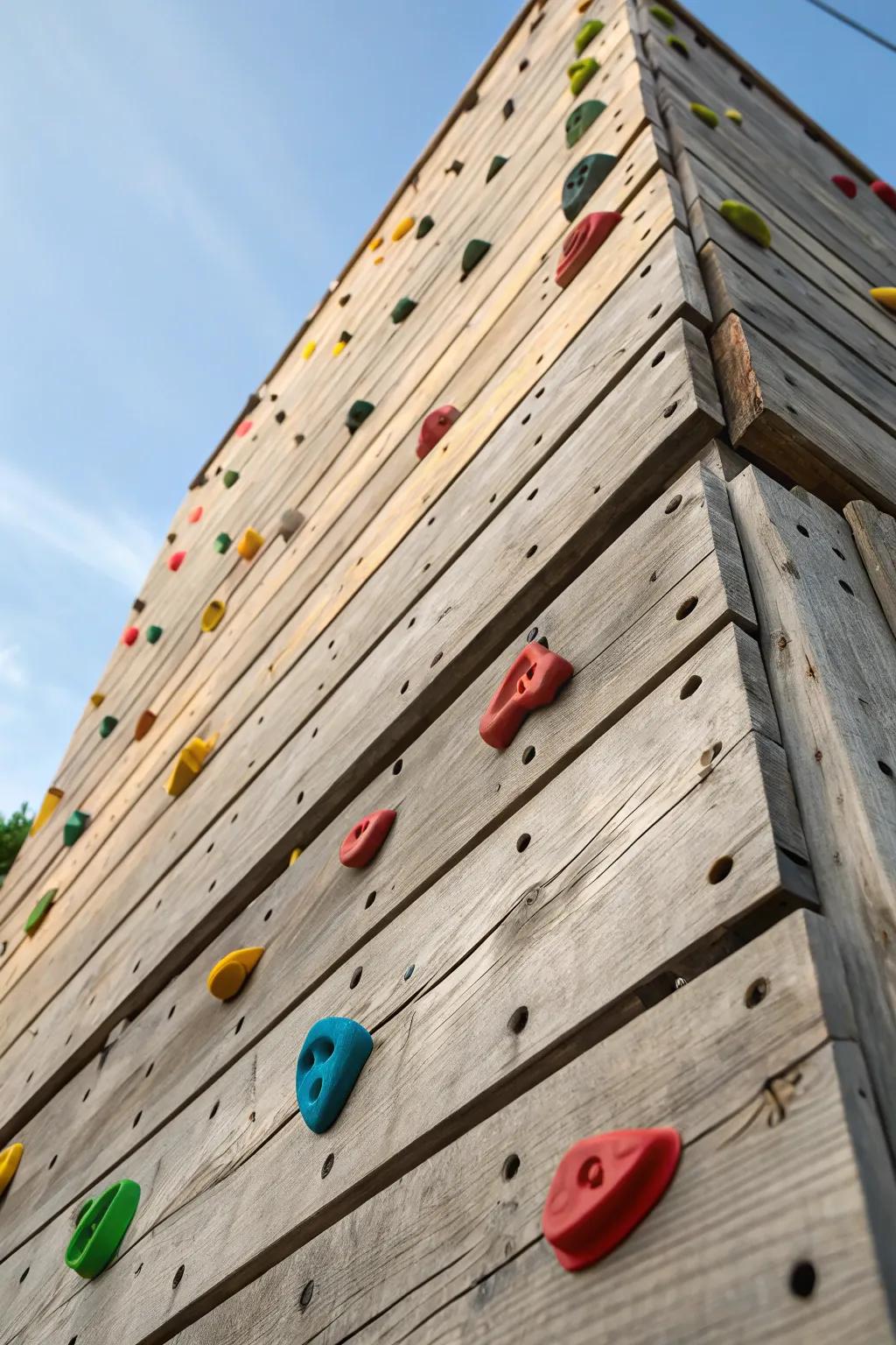 Elevate your adventure with a handcrafted pallet climbing wall—where rustic charm meets playful challenge.
