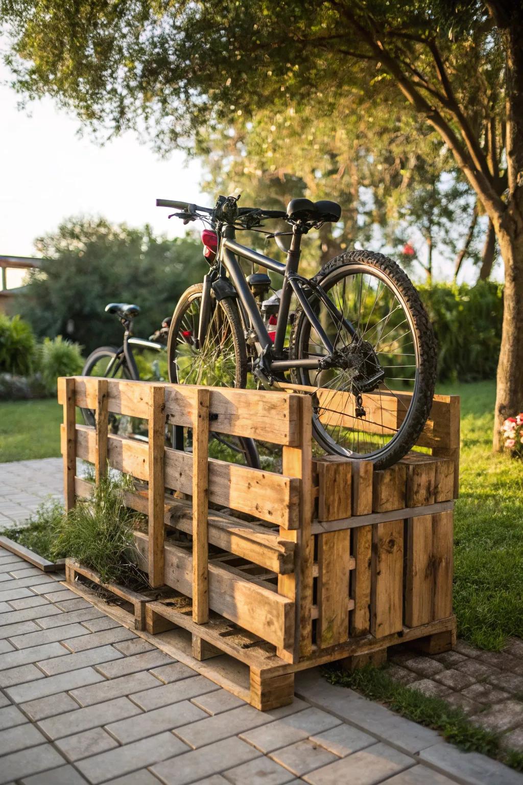 Organize your ride with style: a handcrafted pallet bike rack that blends functionality with rustic charm.