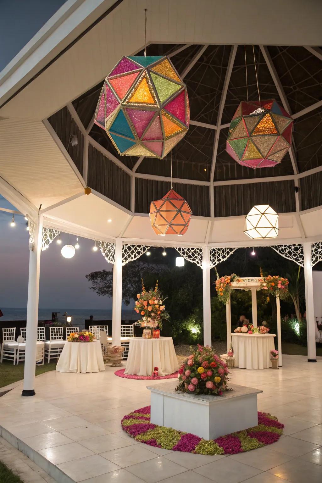 Geometric shapes introduce a modern twist to the pavilion decor.