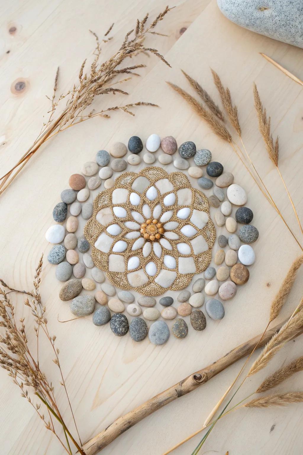 Embrace tranquility with a stunning pebble mandala arrangement, where nature meets artistry.