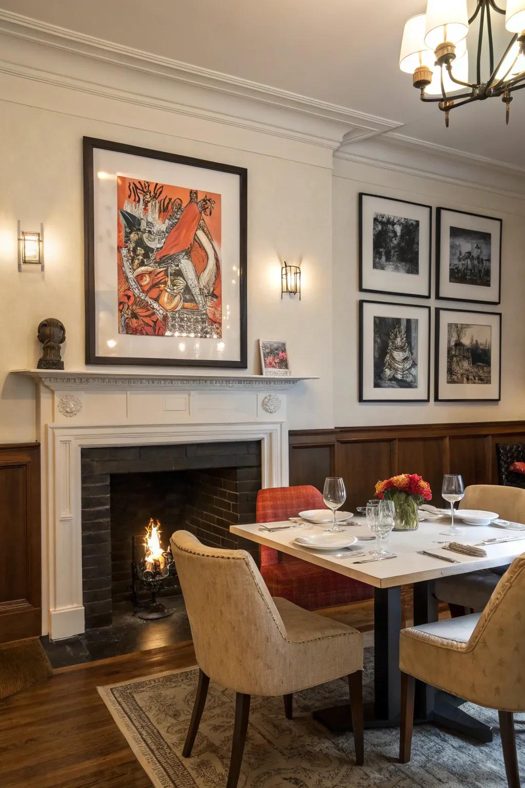 A dining room picture ledge creates an art gallery atmosphere.