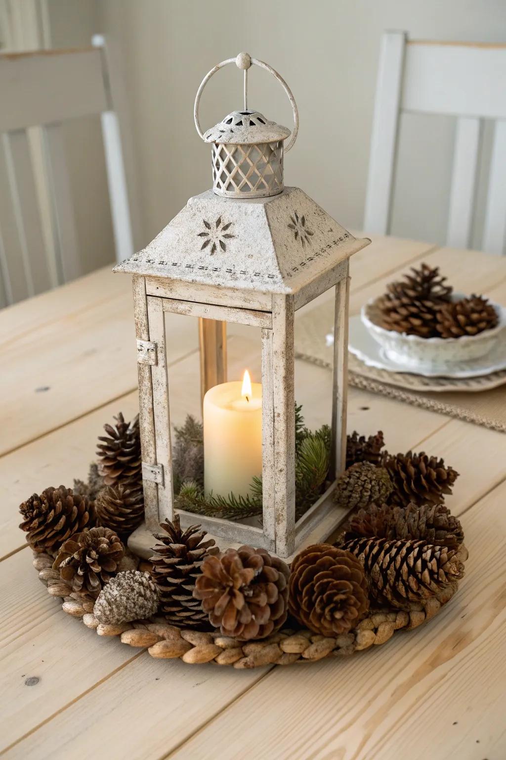 Transform your space with the warm glow of a pine cone lantern centerpiece.