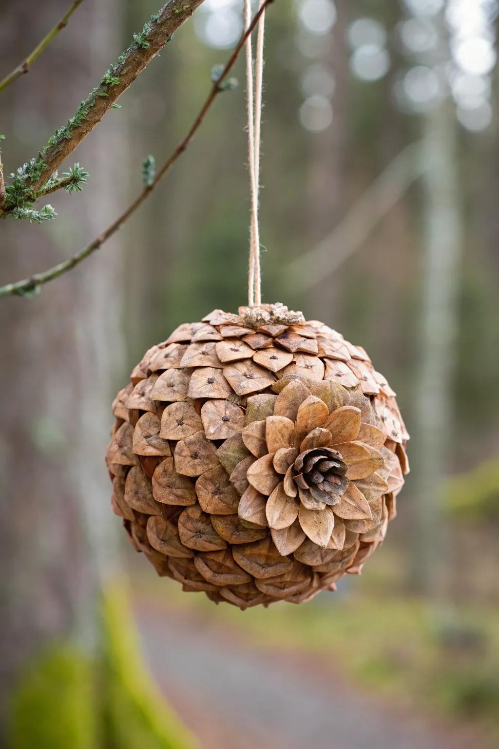 Elevate your garden with the rustic elegance of a pinecone flower ball, where nature meets artistry.