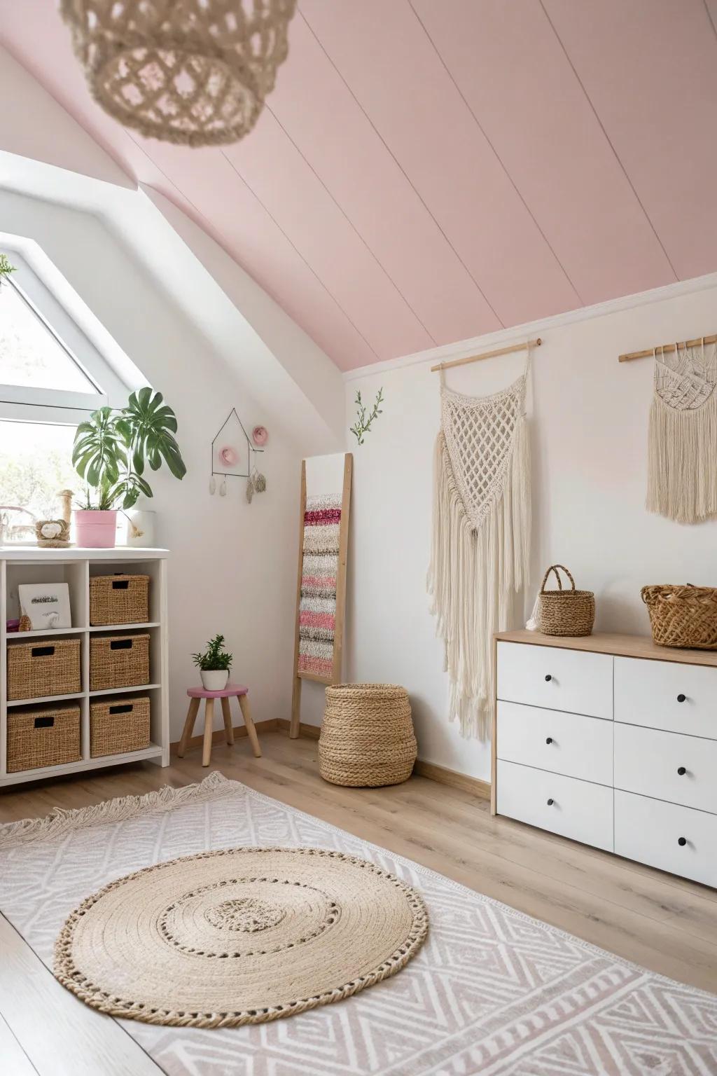 Elevate your craft room with a touch of pink elegance on the ceiling, blending Scandinavian simplicity with boho charm.