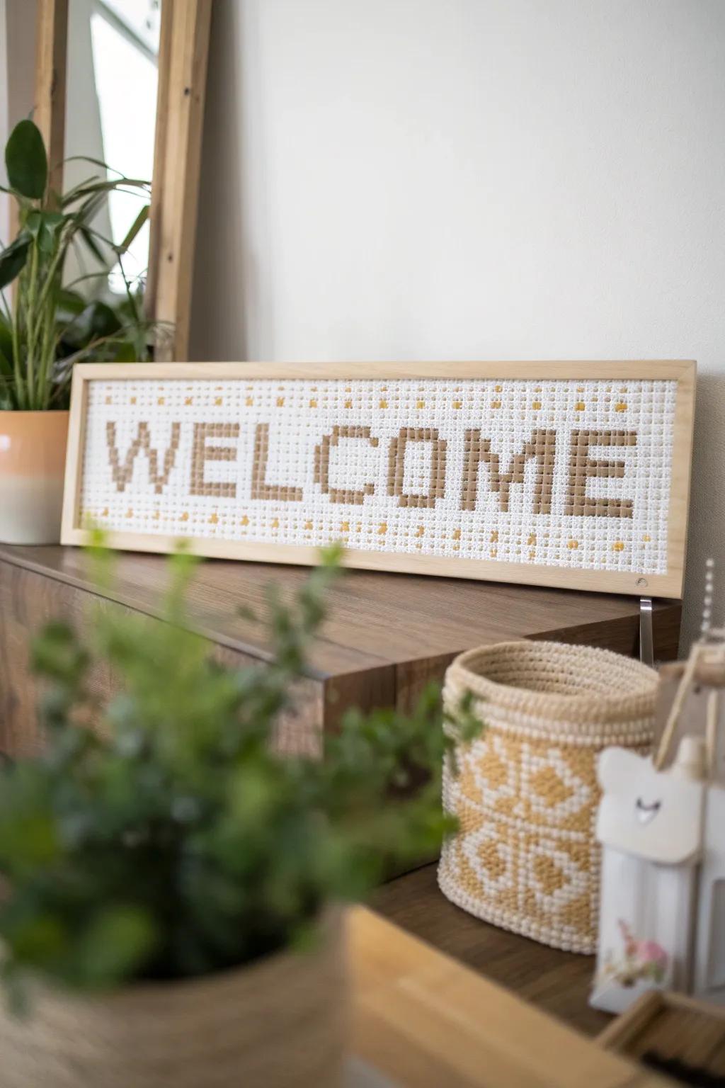 Greet your guests with a touch of pixelated charm, where modern art meets timeless elegance.