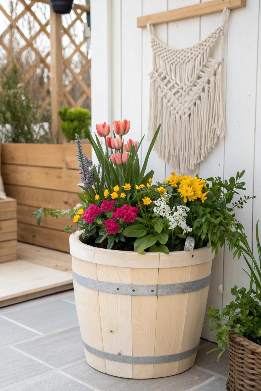 Seasonal transformations: Embrace the beauty of each season with a charming barrel planter display.