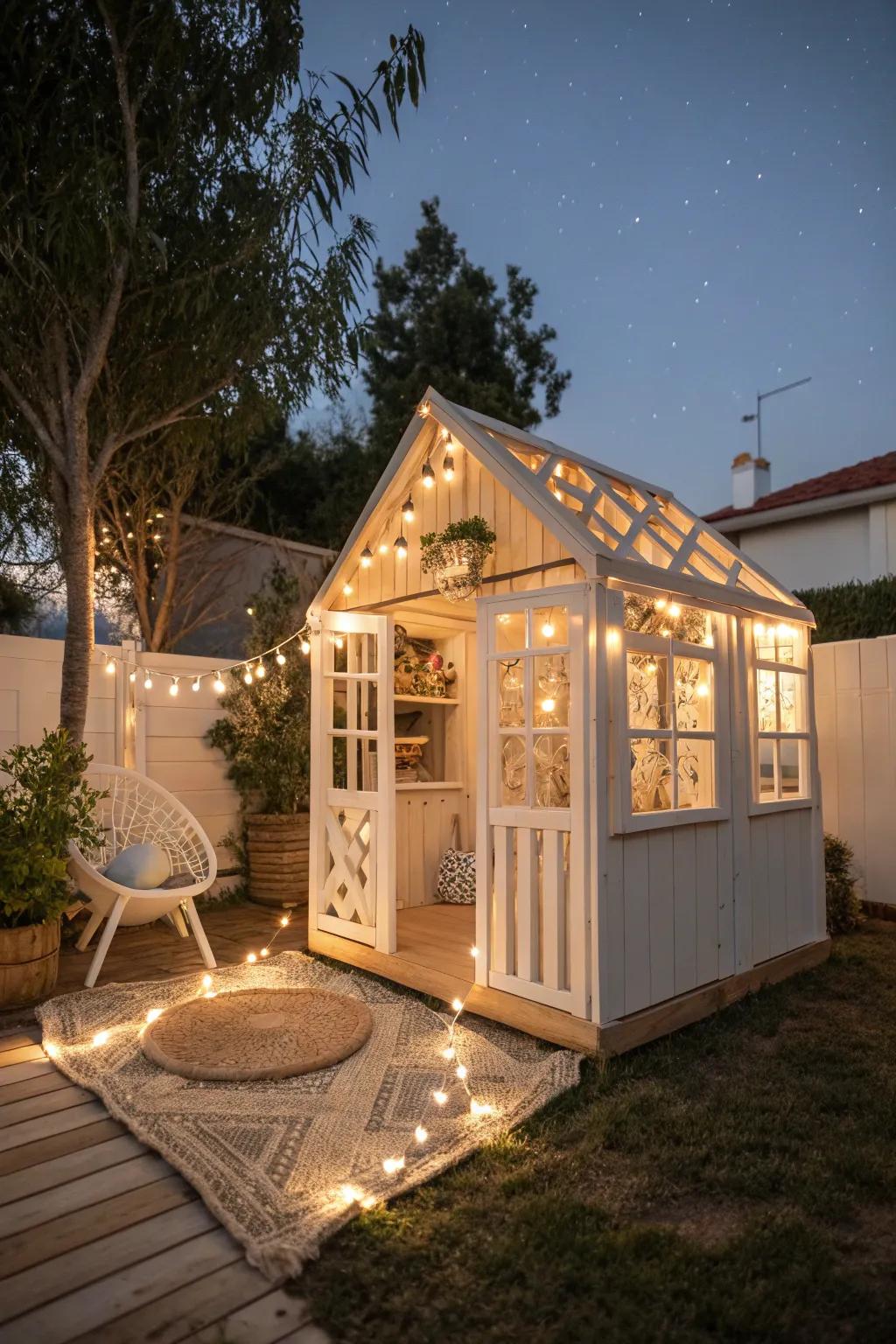 Transform your backyard playhouse into a magical nighttime nook with enchanting string lights. Perfect for stargazing and cozy evenings!