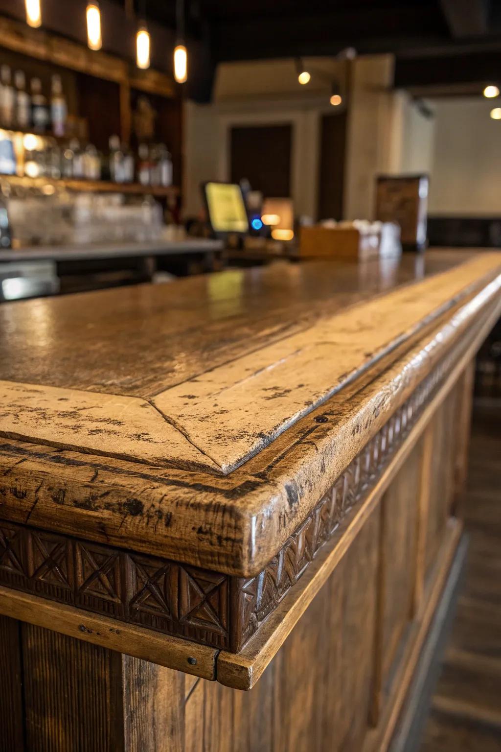 Add a touch of history to your space with a vintage-inspired distressed plywood bar top.