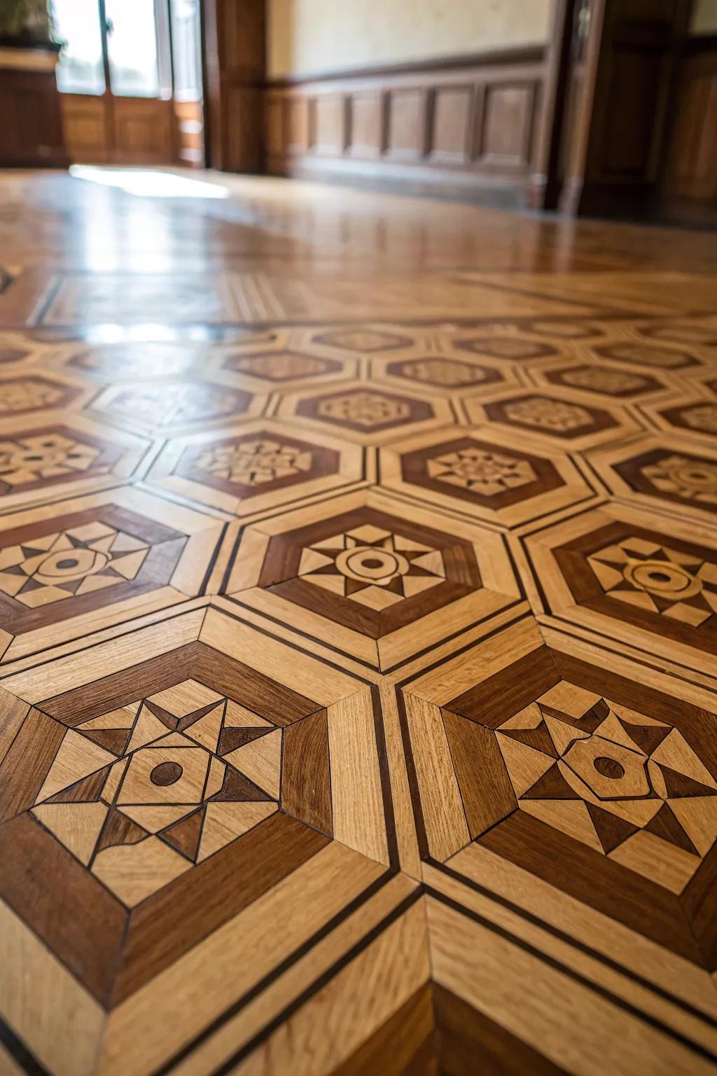Elevate your space with the elegance of a honeycomb patterned plywood floor—where craftsmanship meets modern design.