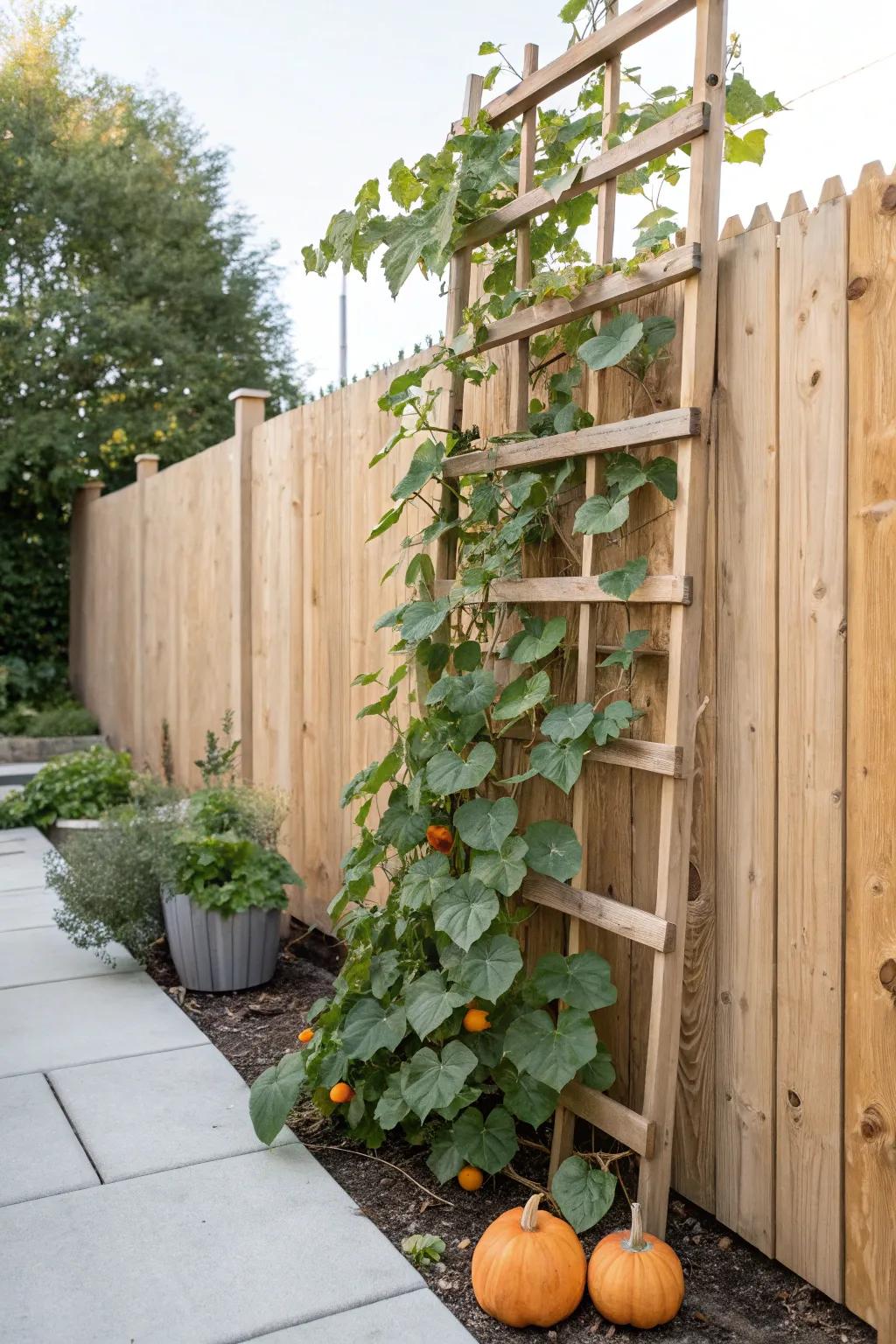 Transform your garden into a serene retreat with a living pumpkin trellis - where nature meets minimalist design.