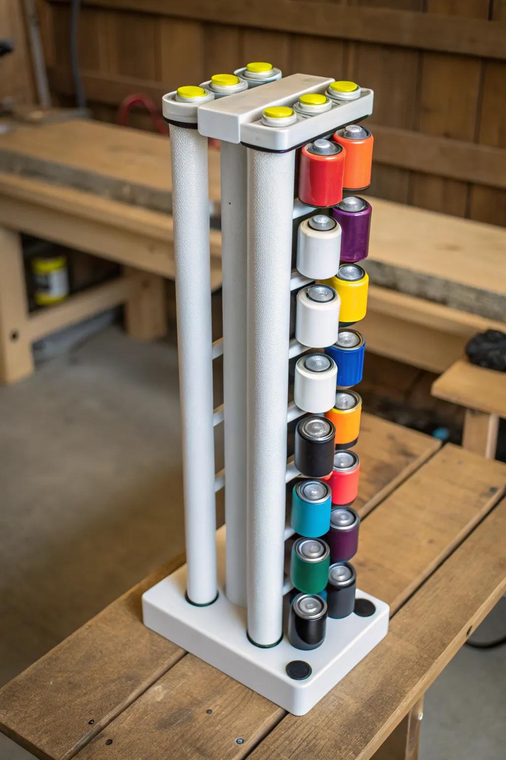 Elevate your workspace with a stylish, handcrafted spray paint rack that merges functionality with design.