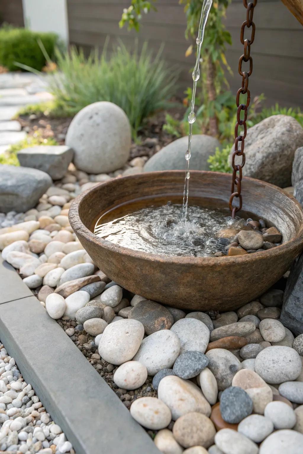 Embrace tranquility with a minimalist rock garden rain chain basin, where natural beauty meets elegant craftsmanship.