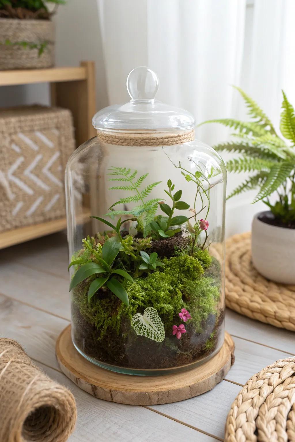 Bring the rainforest indoors with this elegant glass terrarium—a perfect blend of nature and minimalist design.