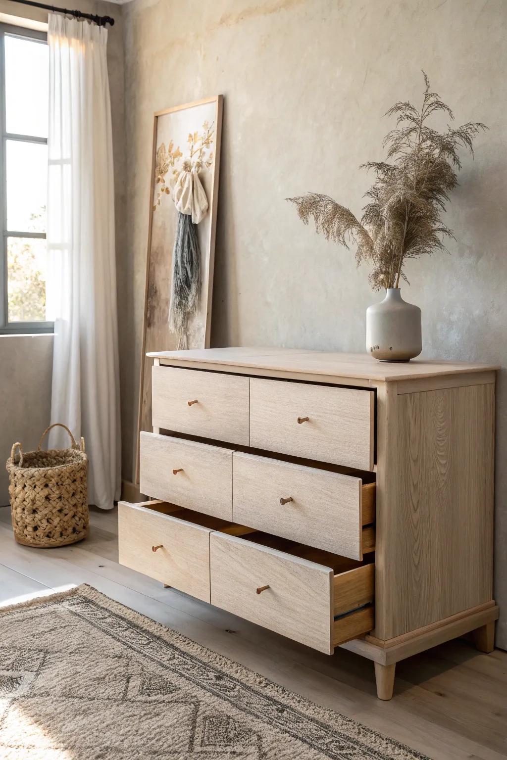 Create space and style with a floating drawer illusion. Perfect blend of minimalism and boho elegance.