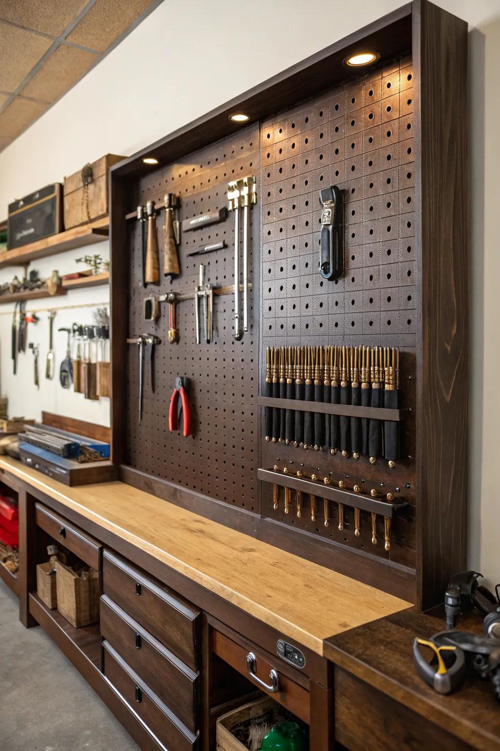 Elevate your workspace with a customizable pegboard that blends functionality with aesthetic appeal.