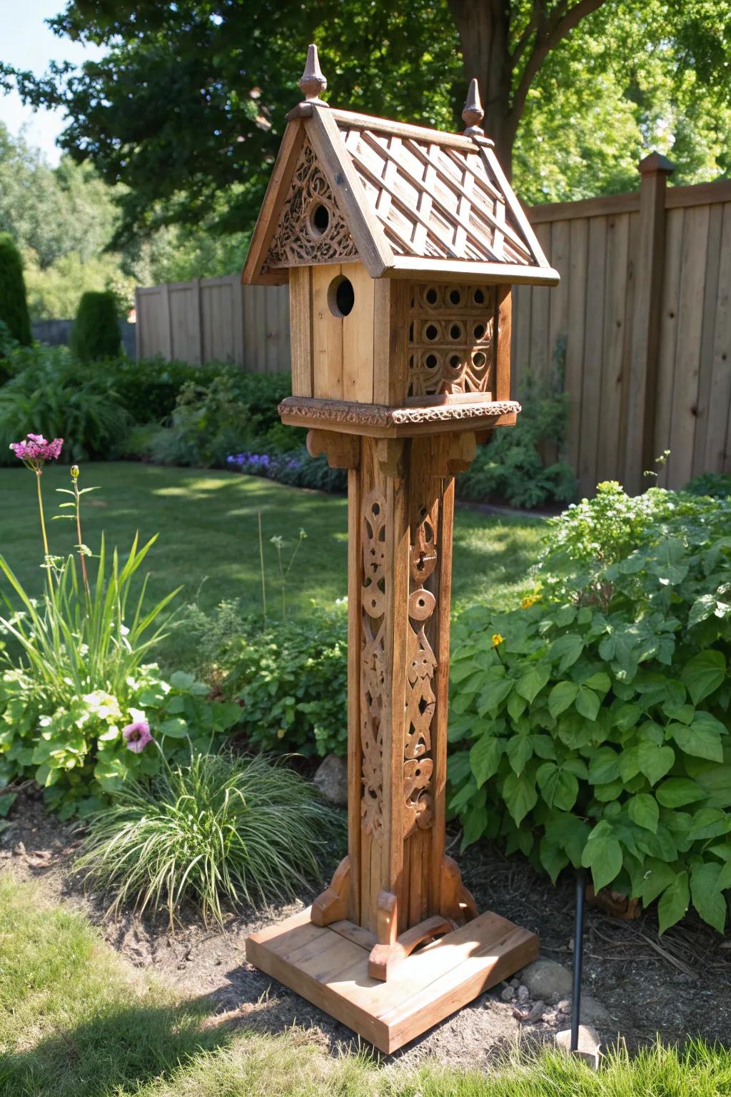 Turn discarded into delightful: a handcrafted birdhouse stand from a box spring.