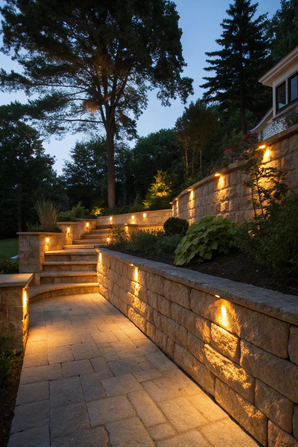 Transform your outdoor space with elegantly lit retaining walls for an enchanting evening ambiance.