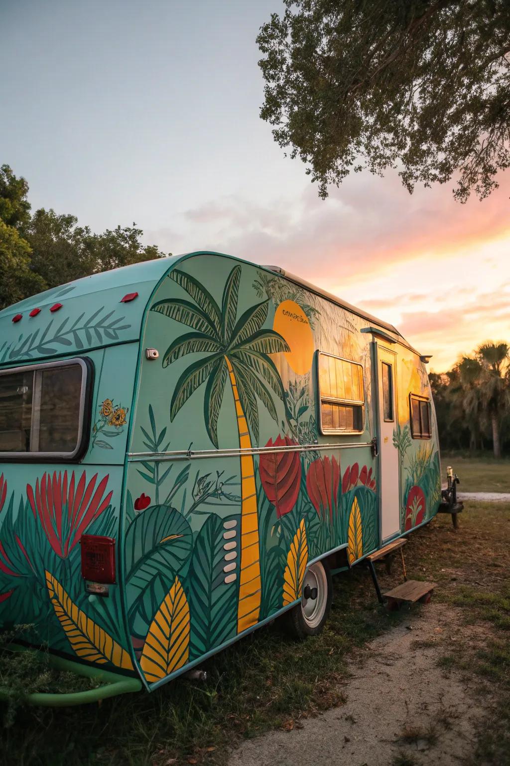 Escape to paradise with a camper that's a canvas of tropical dreams.