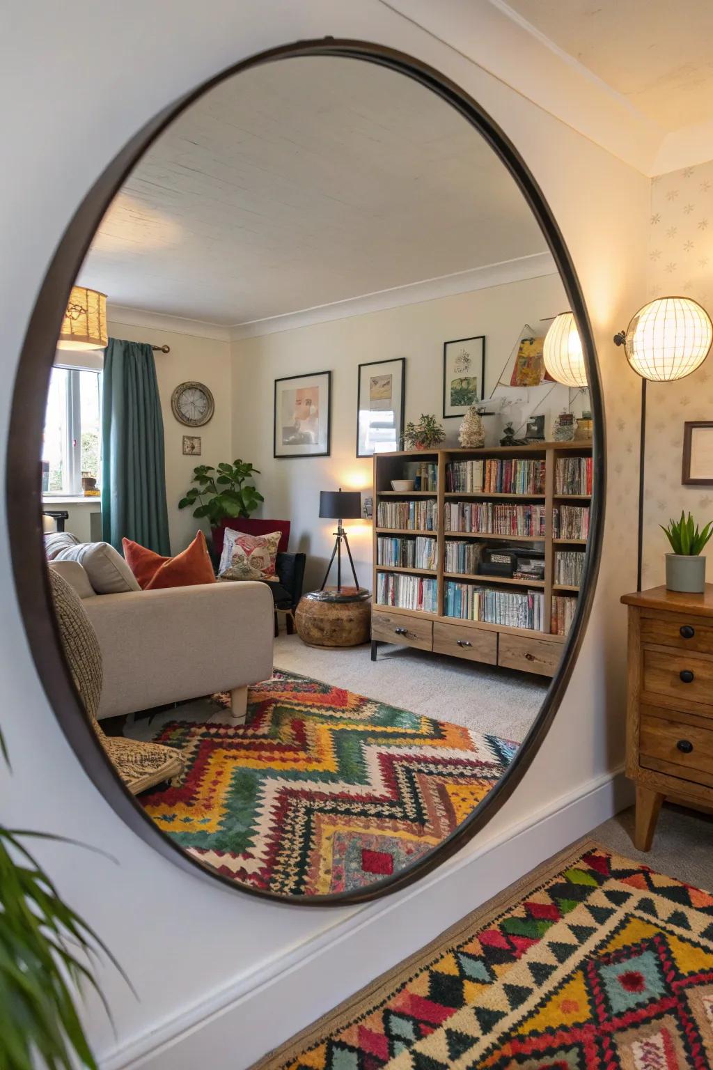 Round mirror reflecting personal style in a cozy living room.