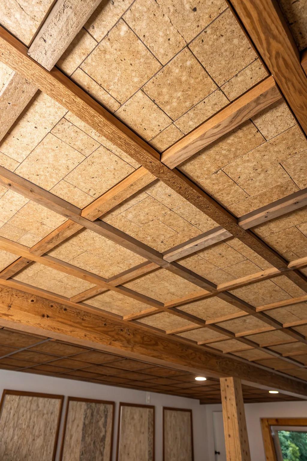 Transform your basement ceiling with the eco-friendly charm of cork tiles, perfect for enhancing soundproofing and style.