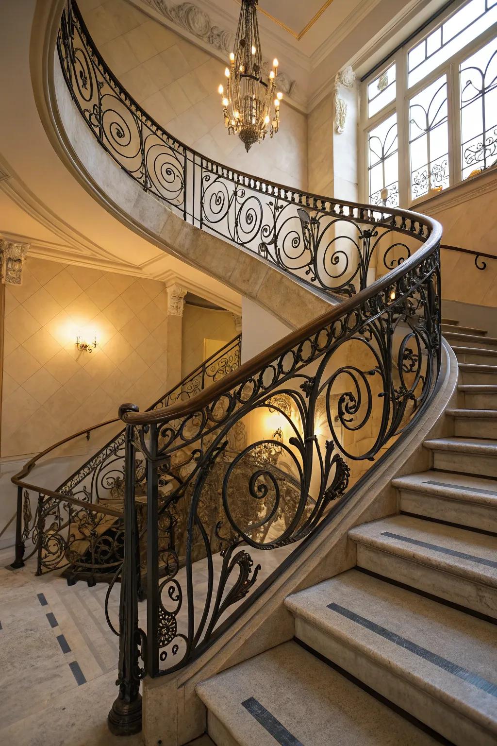 Artistic metalwork railings that enhance the visual appeal of a rustic stairway.