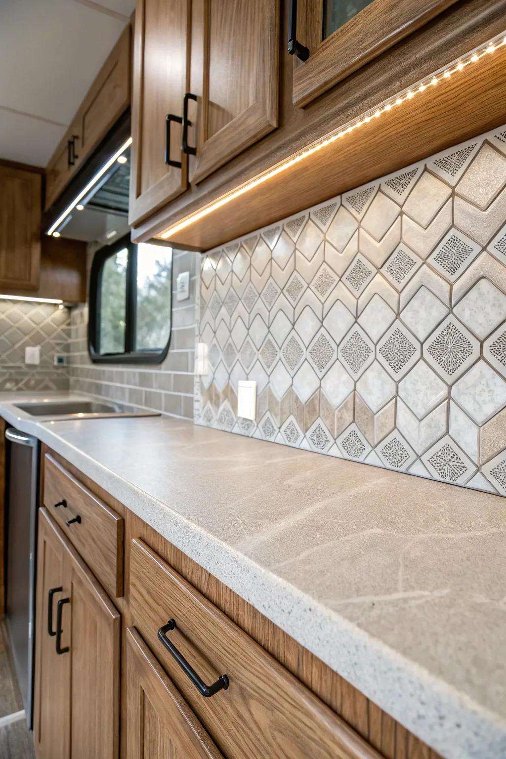 Transform your RV kitchen with a chic peel-and-stick backsplash, combining style and simplicity in one elegant touch.