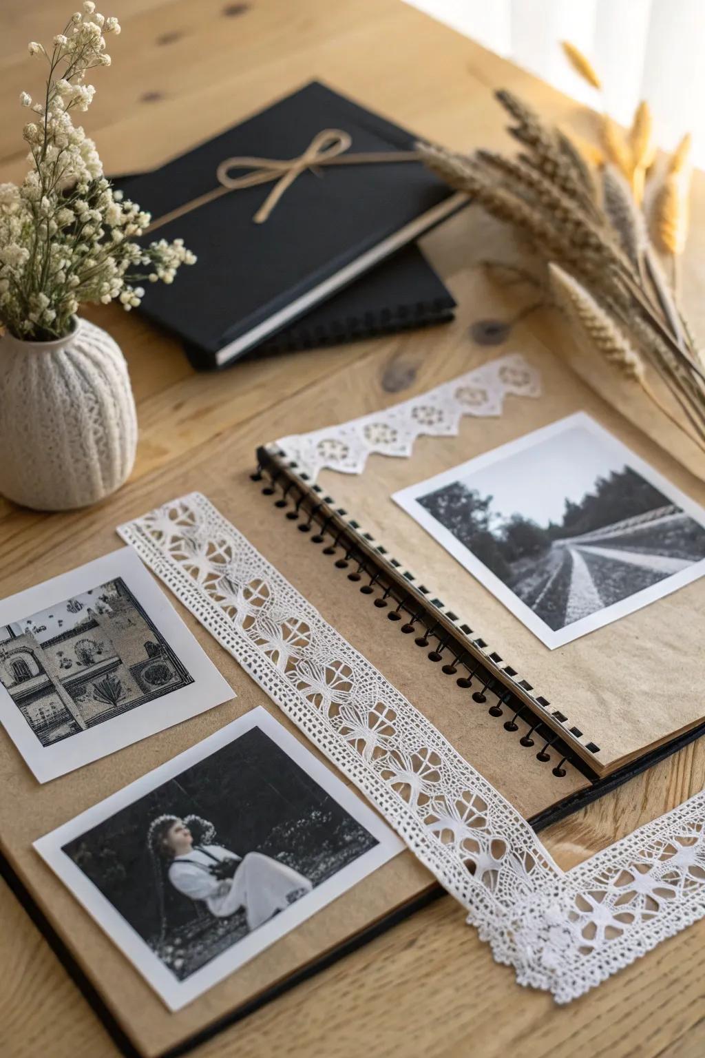 Embrace the timeless elegance of black and white for your scrapbook masterpiece.