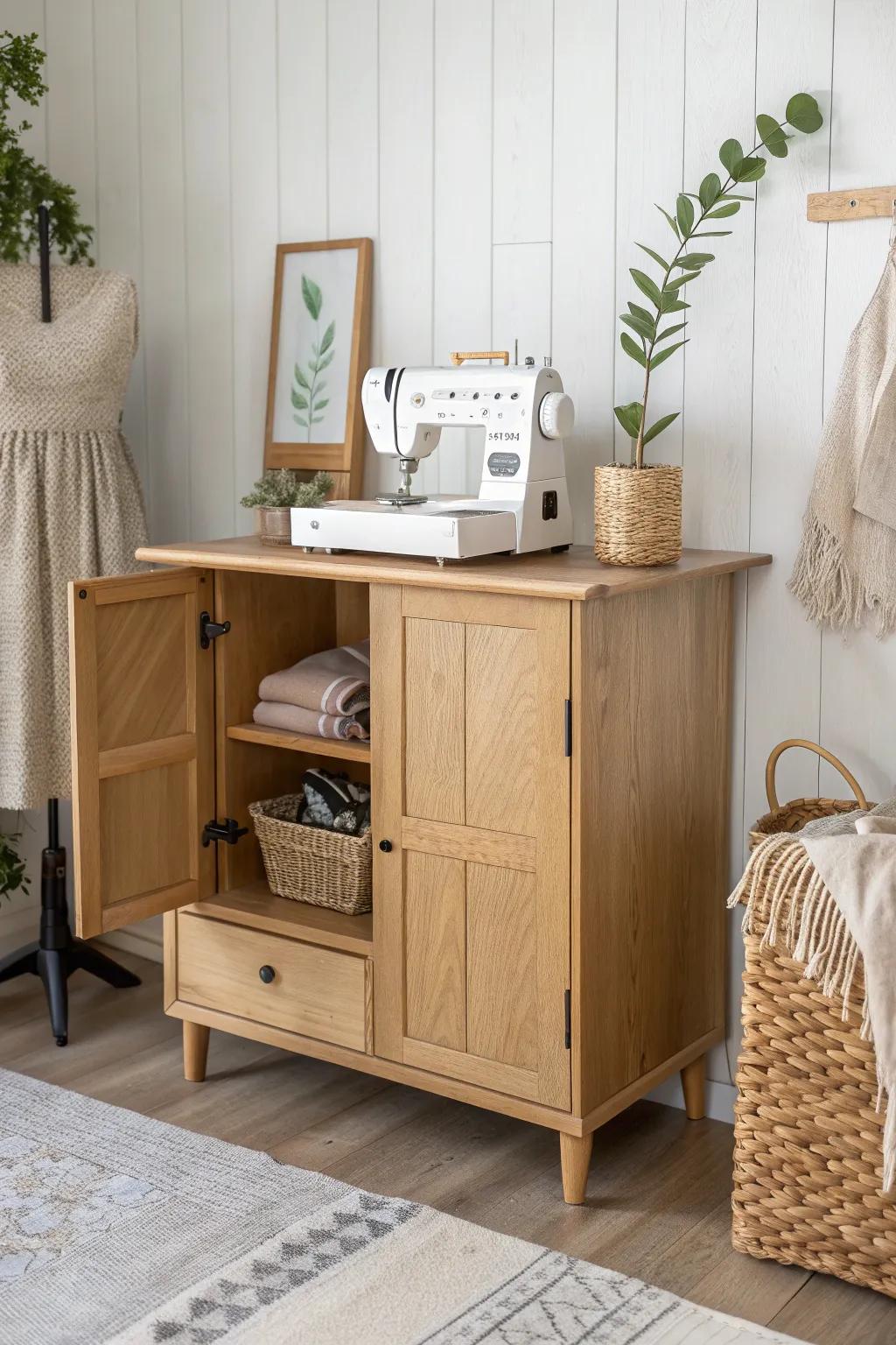 Elevate your sewing experience with a beautiful lift cabinet that combines Scandinavian simplicity with a touch of Boho charm.