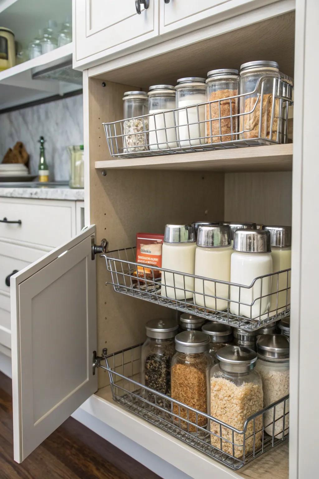 Wire baskets on open shelves keep shaker bottles organized and easily accessible.