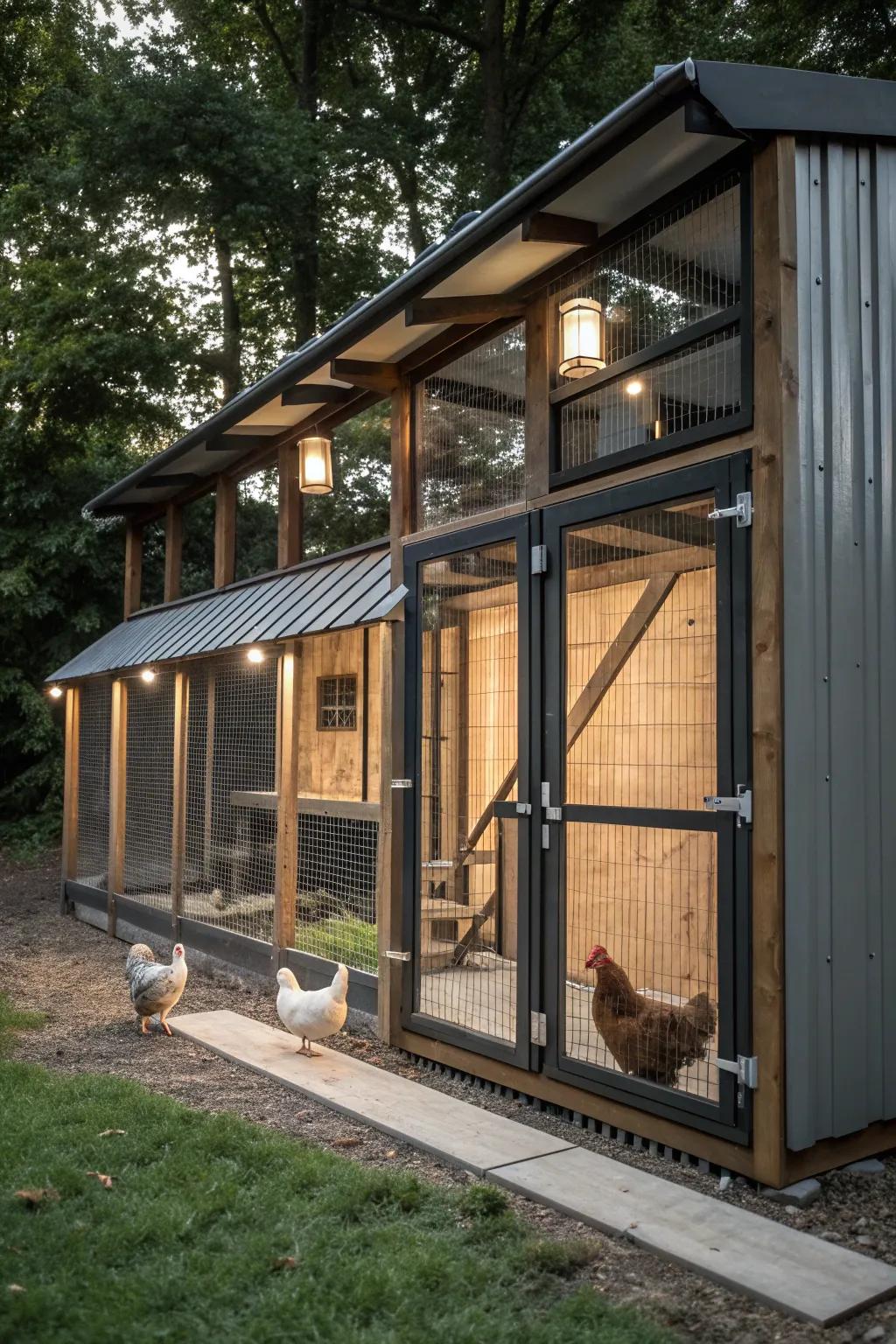 Give your hens a home with an industrial edge—where sleek metal meets rustic charm.