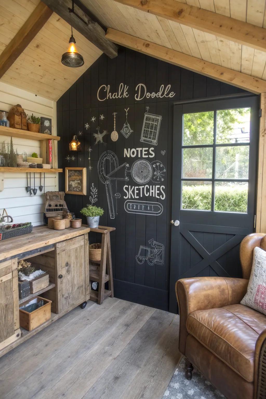 Transform your shed into a creative haven with a budget-friendly chalkboard wall.