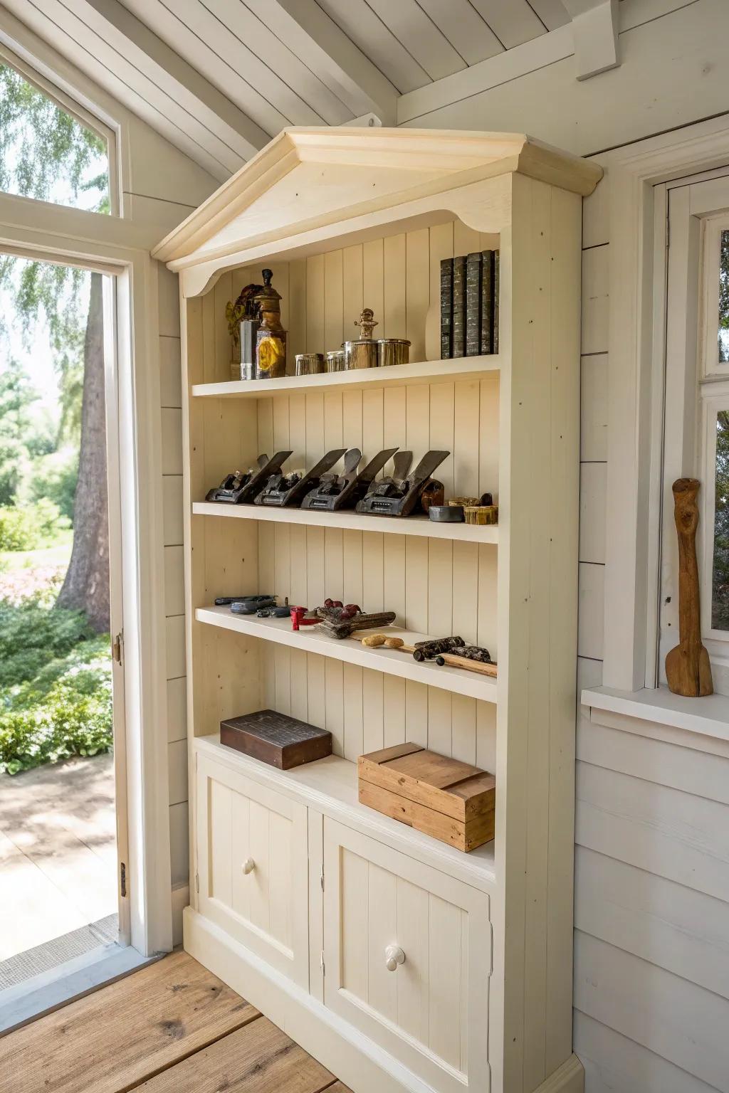 Elevate your shed's style with seamlessly integrated shelving for a brighter, more spacious workspace.