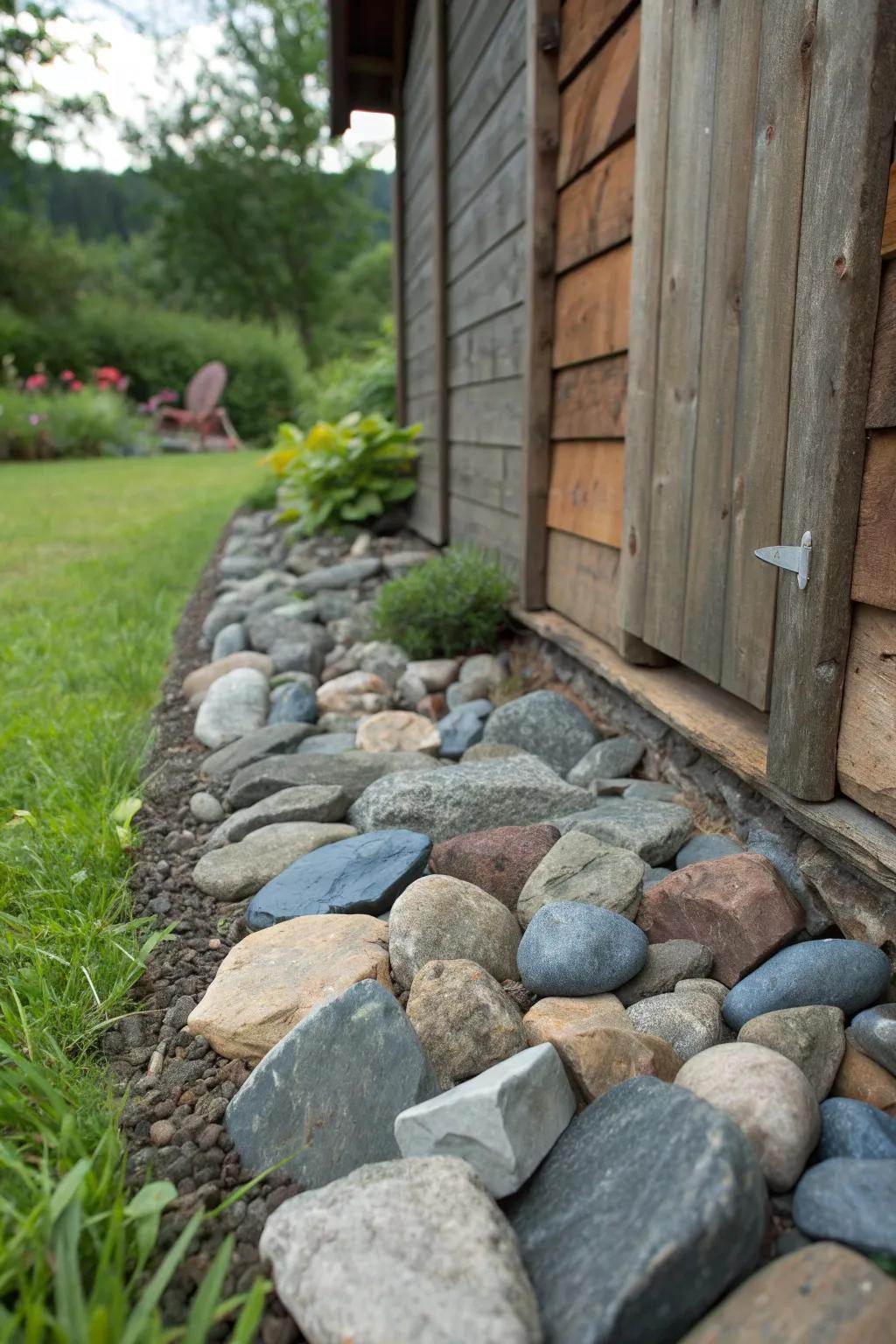 Add a touch of sophistication to your shed with a slate rock border, blending functionality with natural beauty.