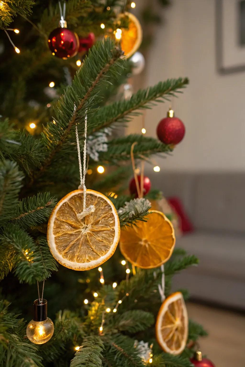 Dried citrus adds natural color and aroma to your Christmas tree.