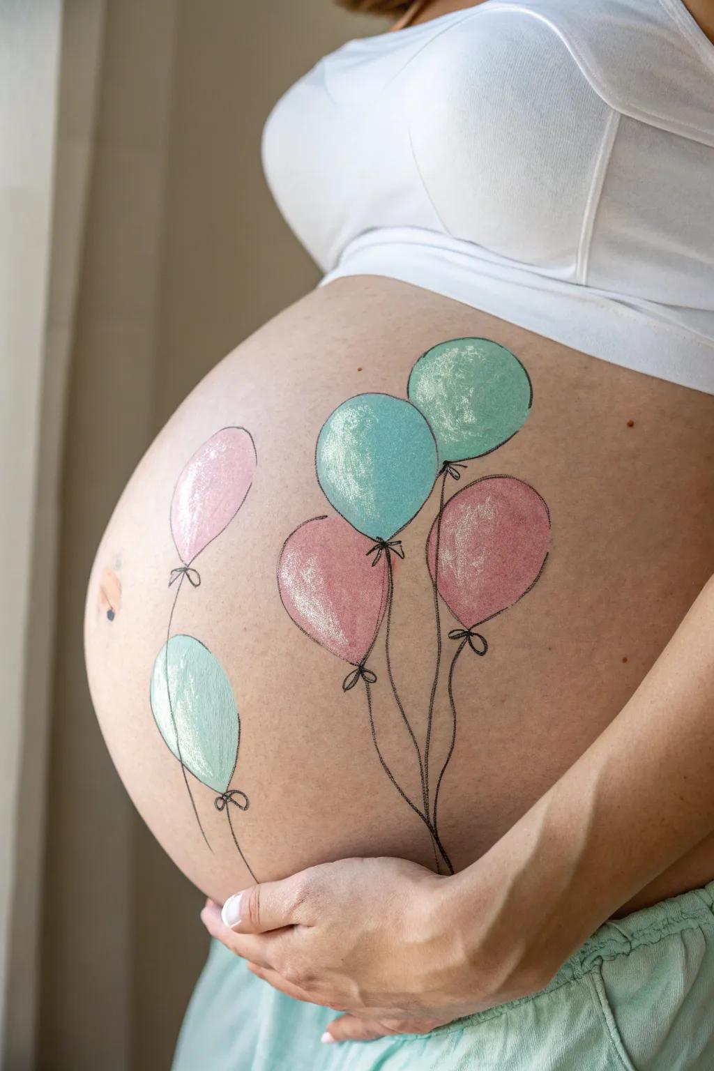 Celebrate the joy of new beginnings with this simple and delightful belly art. 🎈✨