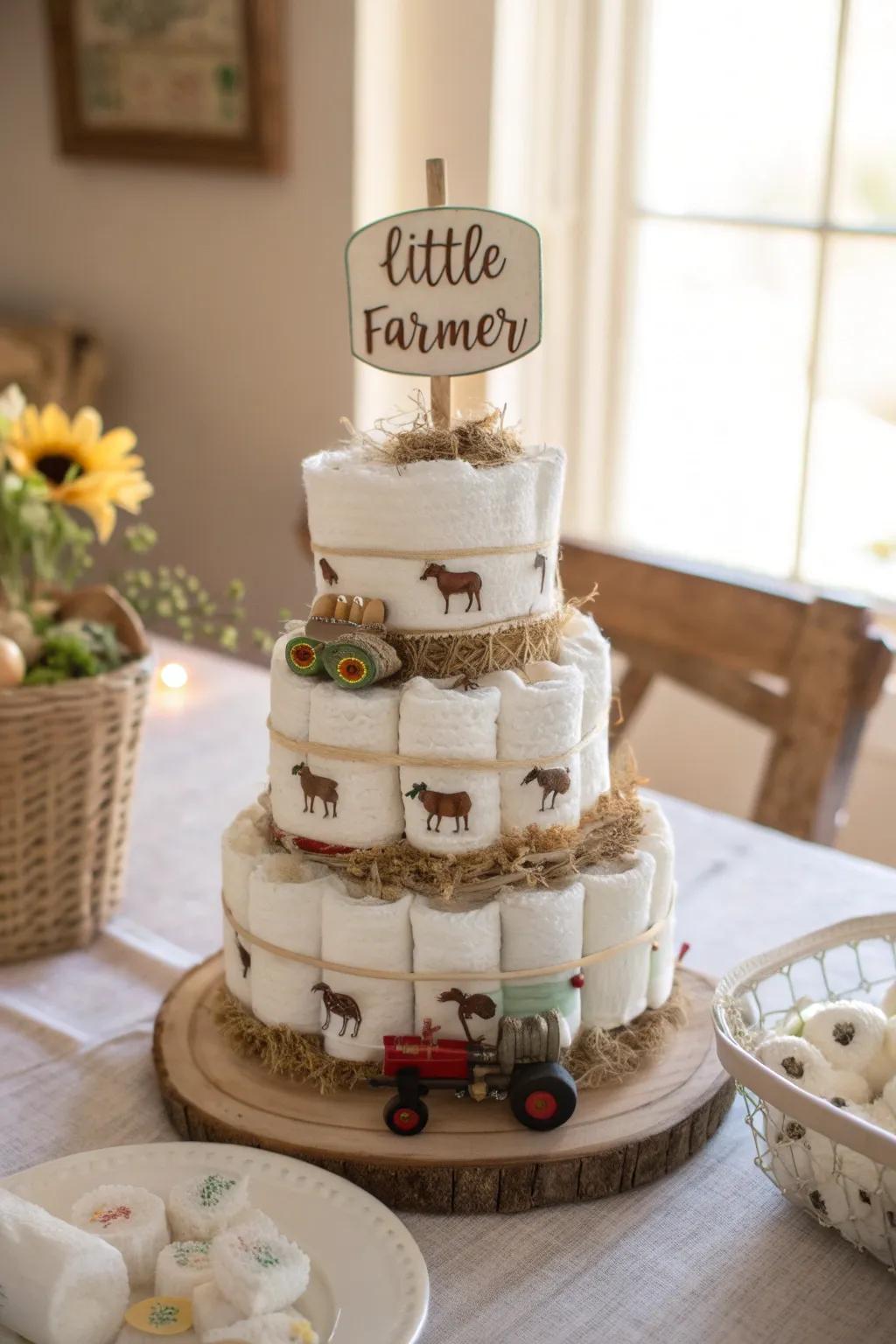 Rustic charm meets simplicity with this adorable 'Little Farmer' diaper cake. Perfect for your next baby shower!