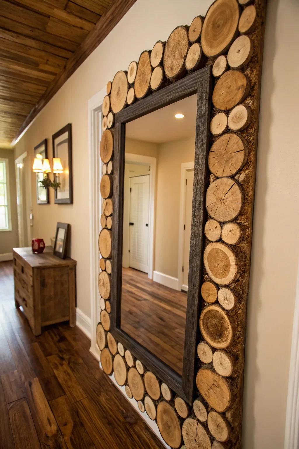 Elevate your space with the rustic charm of a handcrafted log mirror frame.