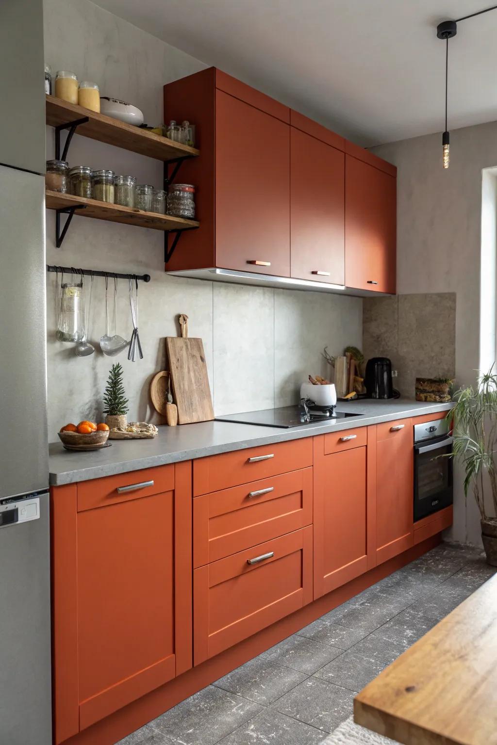 Dynamic orangey red and dove grey creating a cheerful kitchen atmosphere.