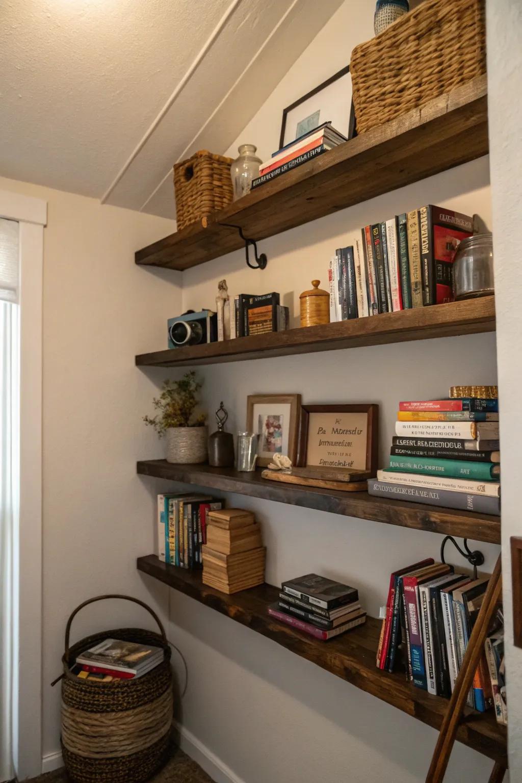 Floating shelves provide stylish and practical storage.