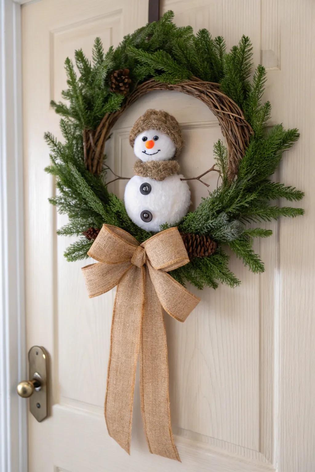 Welcome winter with a touch of handcrafted charm – a snowman wreath that warms the heart and home.