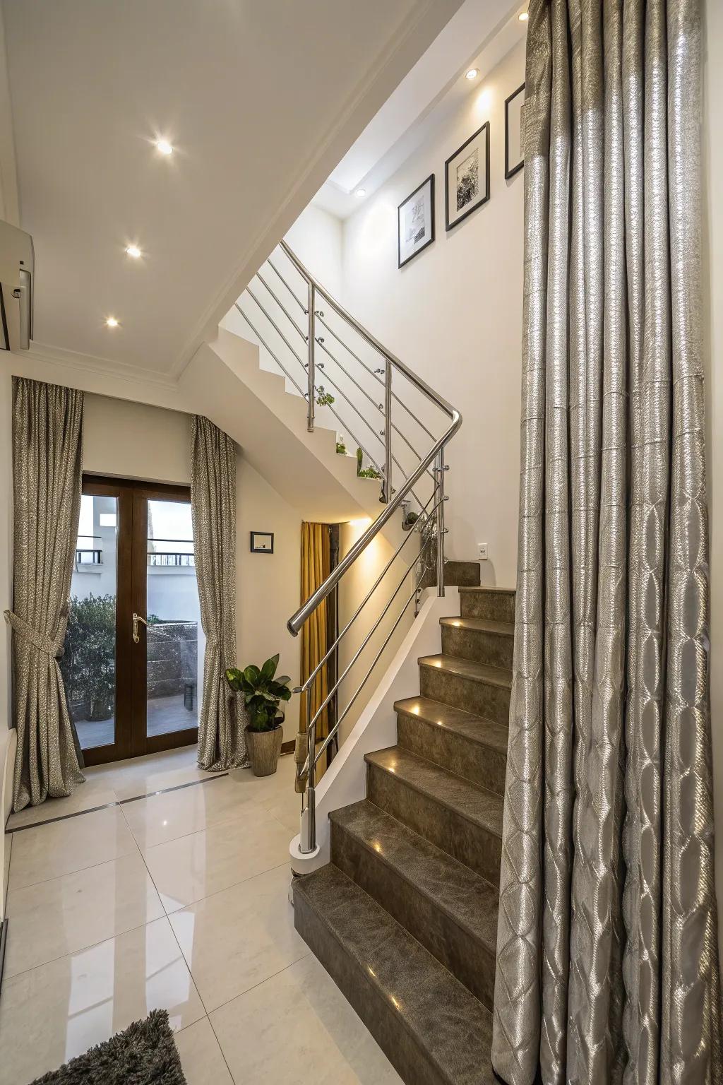 Metallic accents on curtains add a modern and glamorous touch to your stairwell.