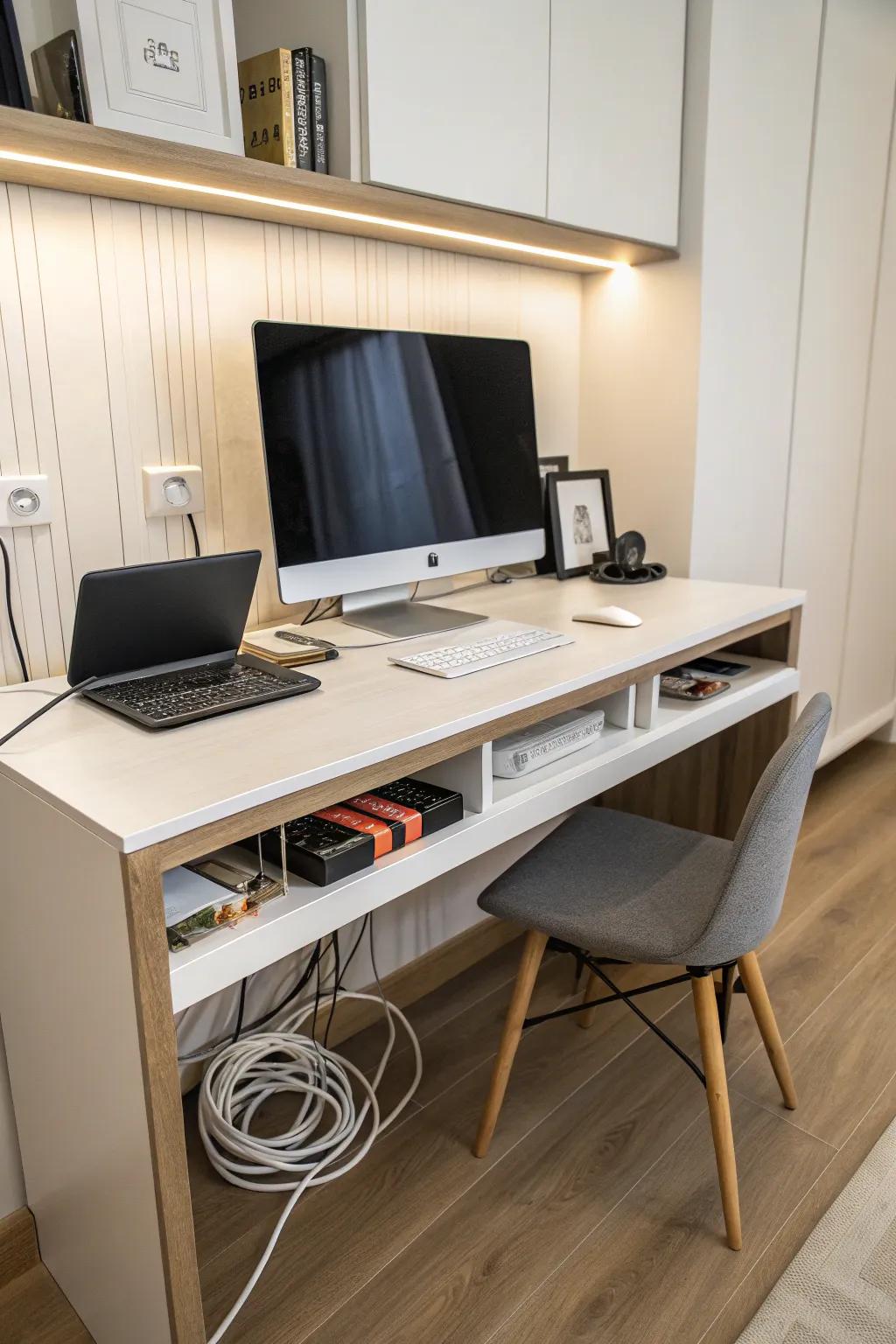Built-in desk channels discreetly guide cables, enhancing the workspace aesthetic.