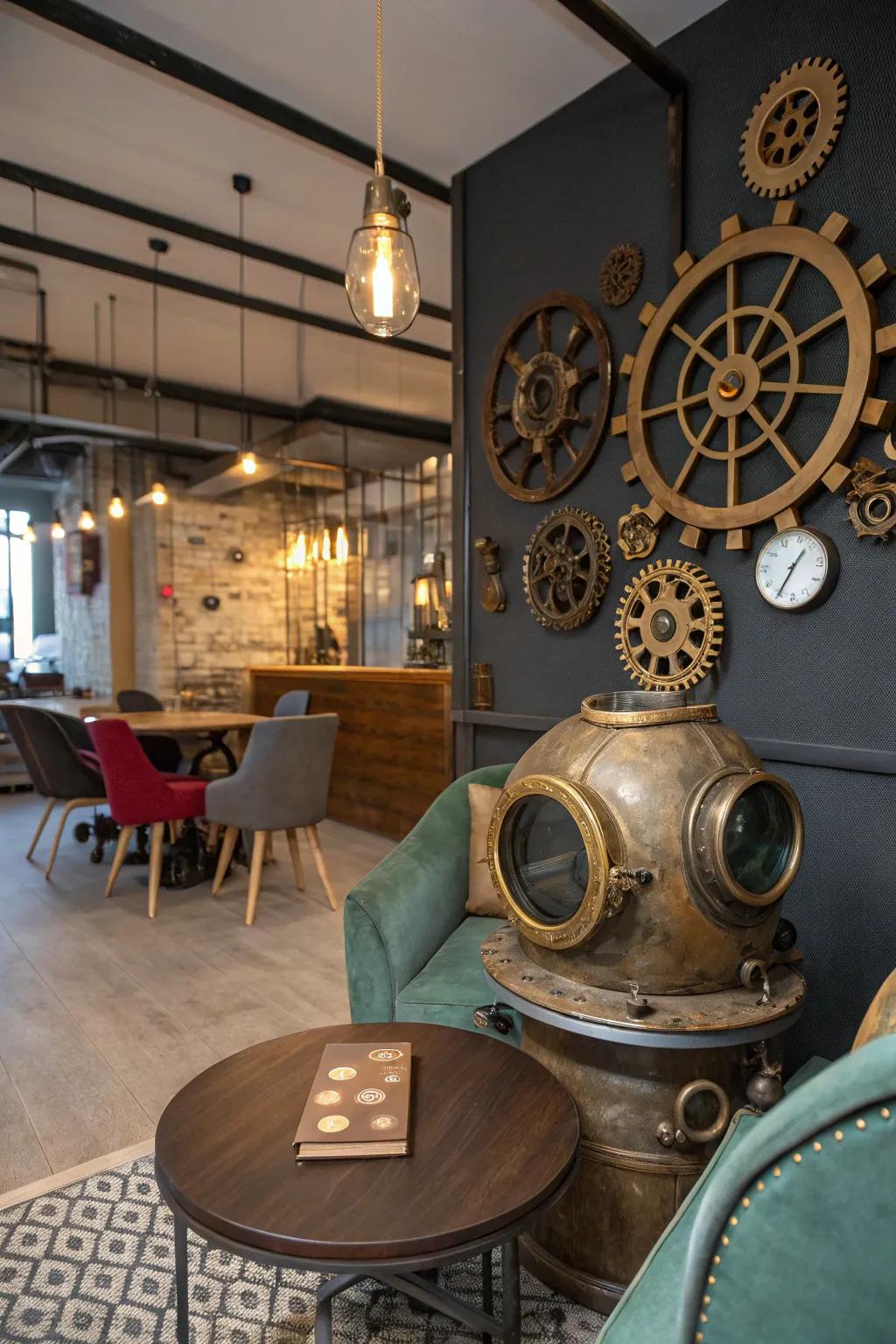 Unexpected steampunk decor elements, like this vintage diving helmet, spark curiosity.