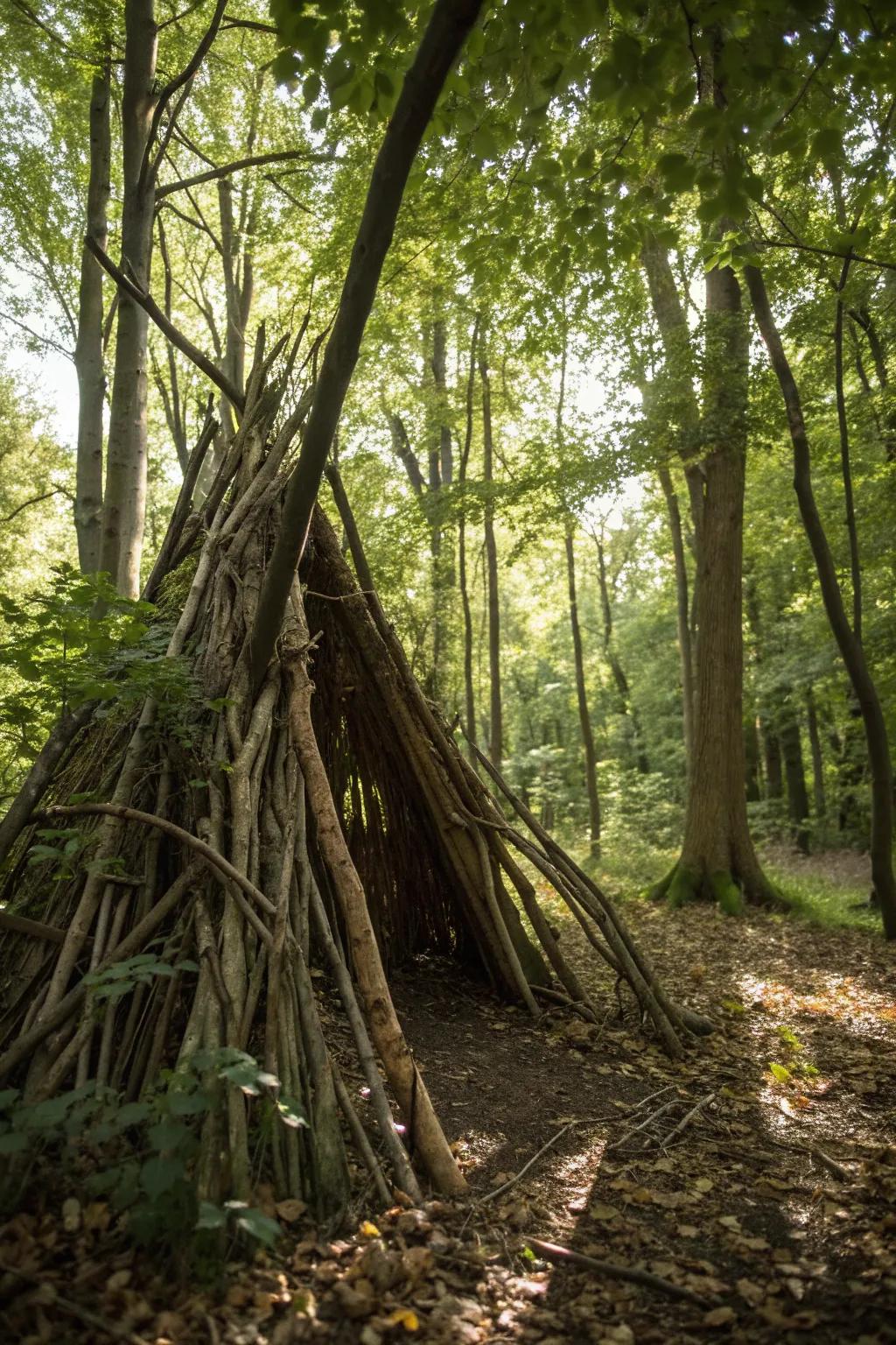 Discover the art of stealth with a camouflaged stick fort that seamlessly blends into the forest's embrace.