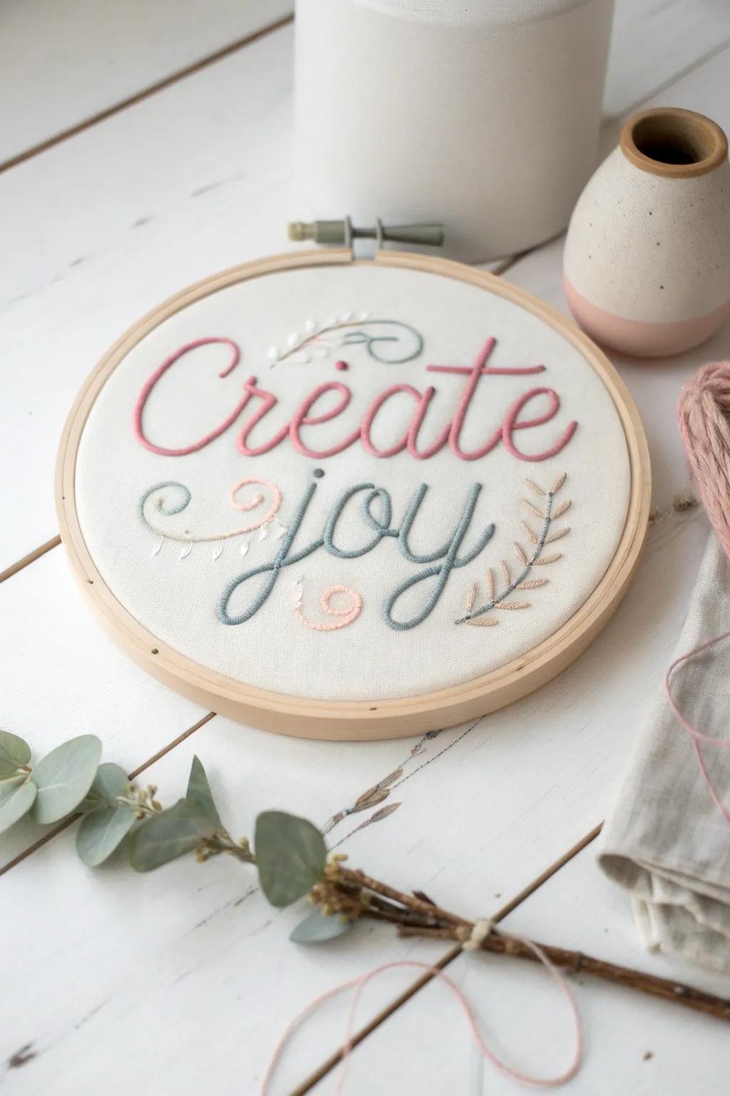 Add a touch of inspiration to your space with elegant hand-stitched word art.