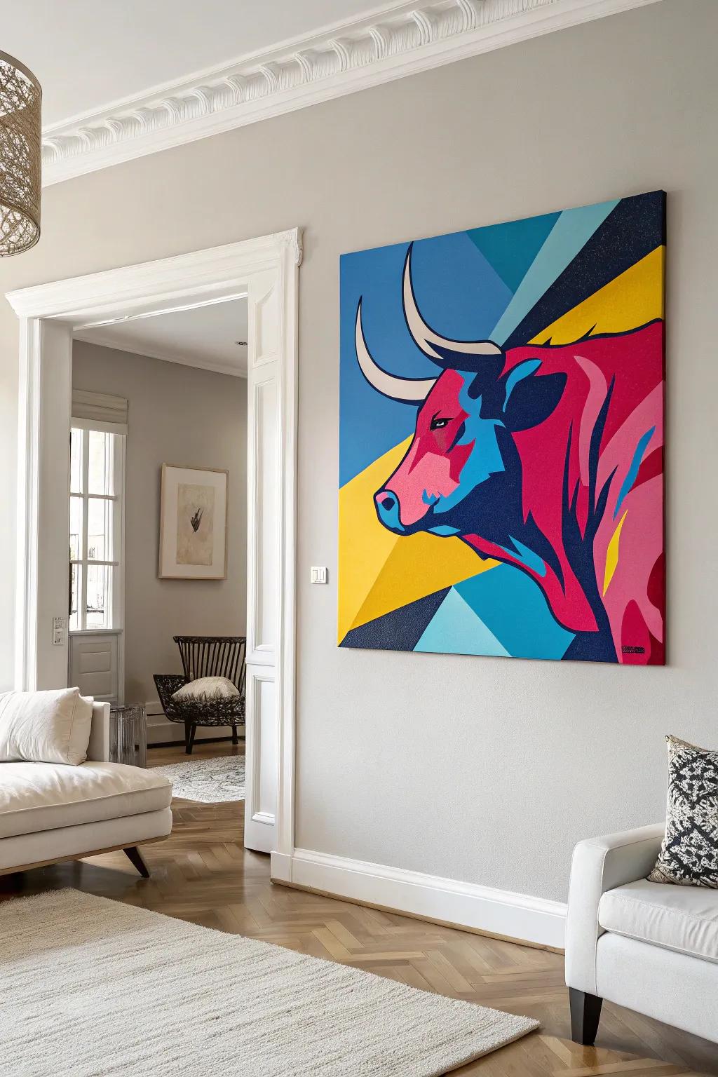 Add a splash of modern vibrancy to your space with this abstract pop art bull—where Scandinavian simplicity meets playful expression.