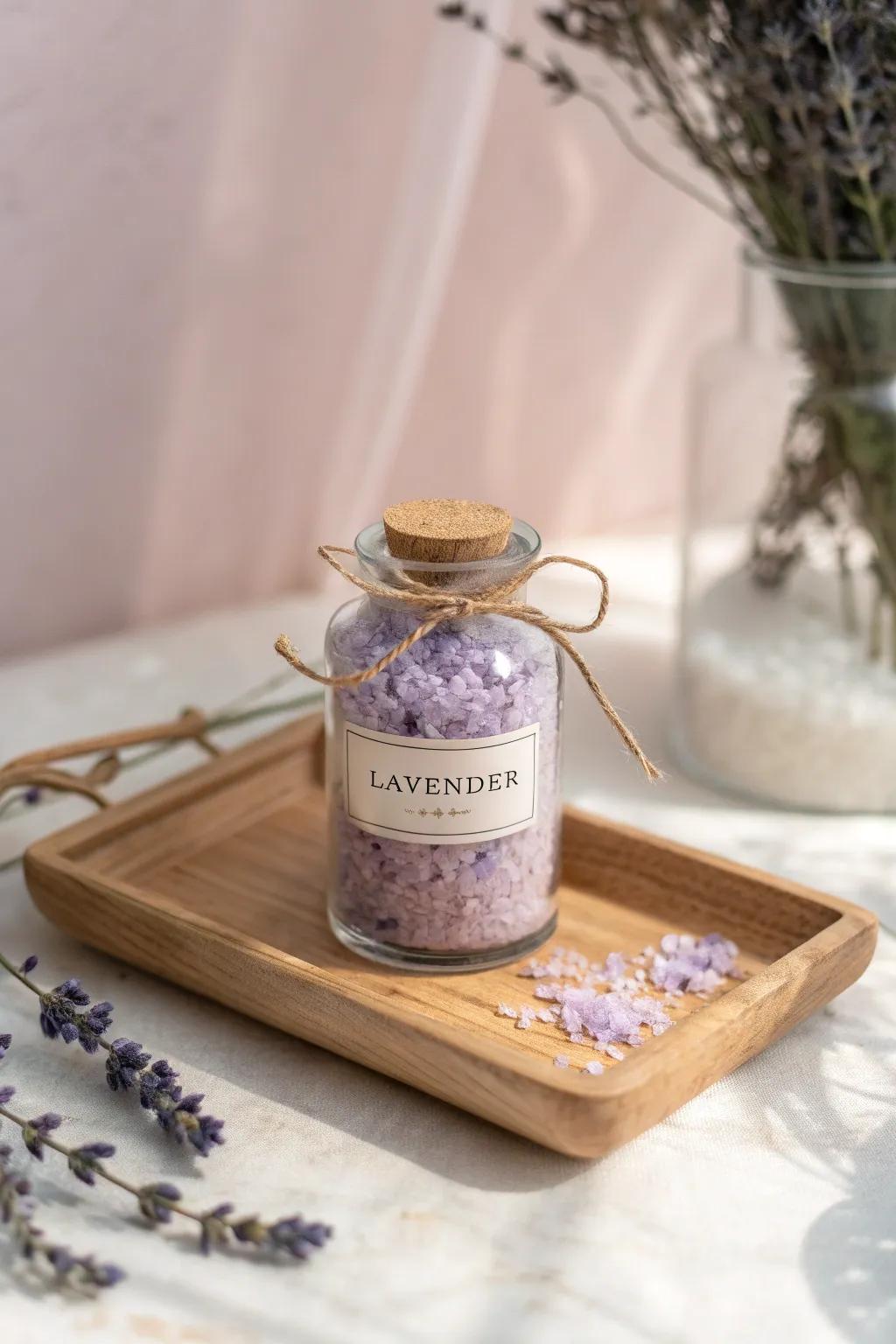 Transform bath time into a serene escape with handcrafted lavender bath salts in a charming thrifted jar. #ThriftedGifts #BohoMinimalism
