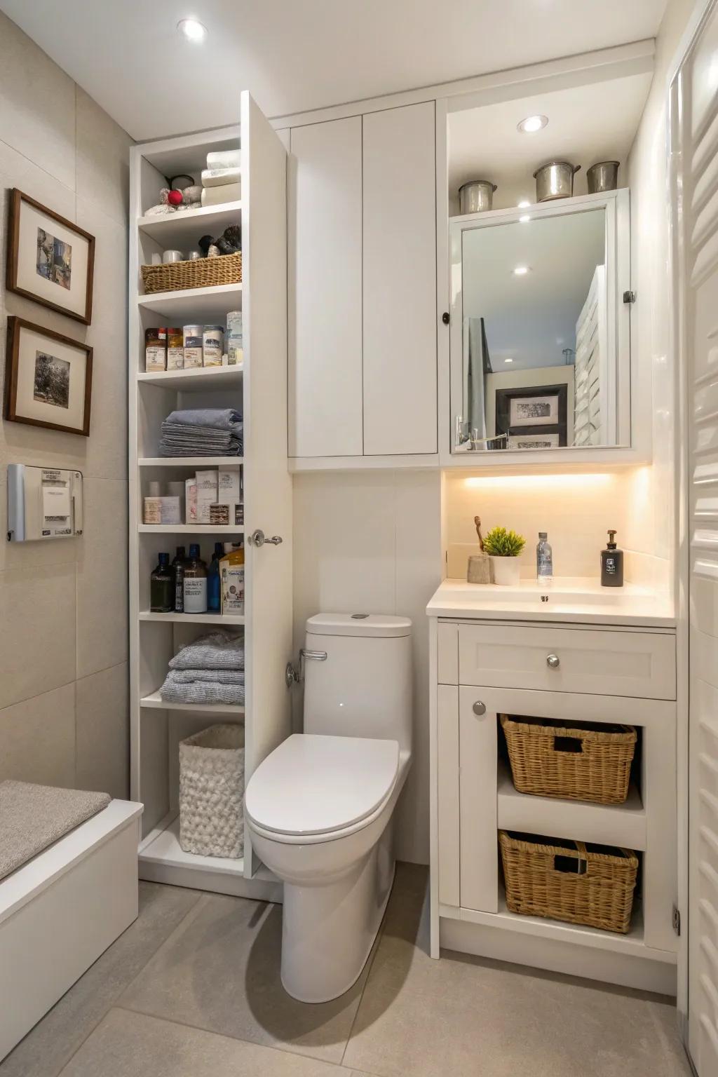 Hidden storage solutions maintaining a tidy toilet room.