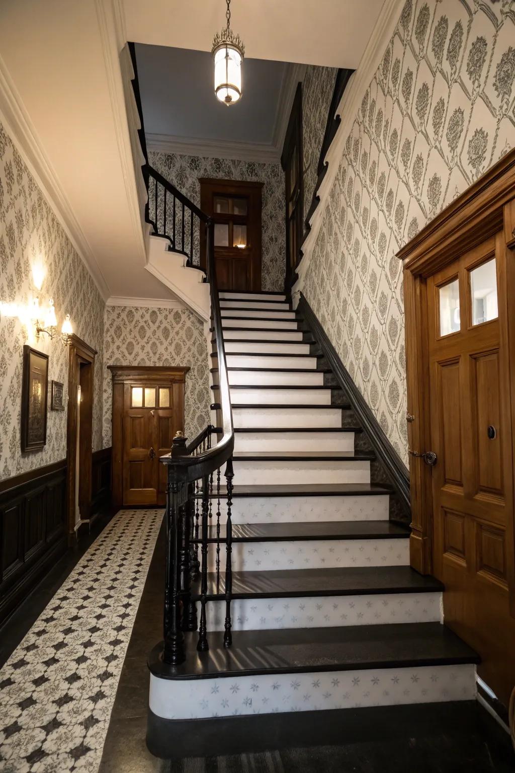 A monochrome palette adds timeless sophistication to the staircase.